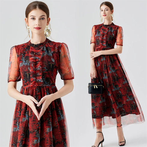 Retro Floral Print Mesh Sheer Elegant Short Sleeve Ruffled Cocktail, Party, Wedding Guest Vestidos Dress